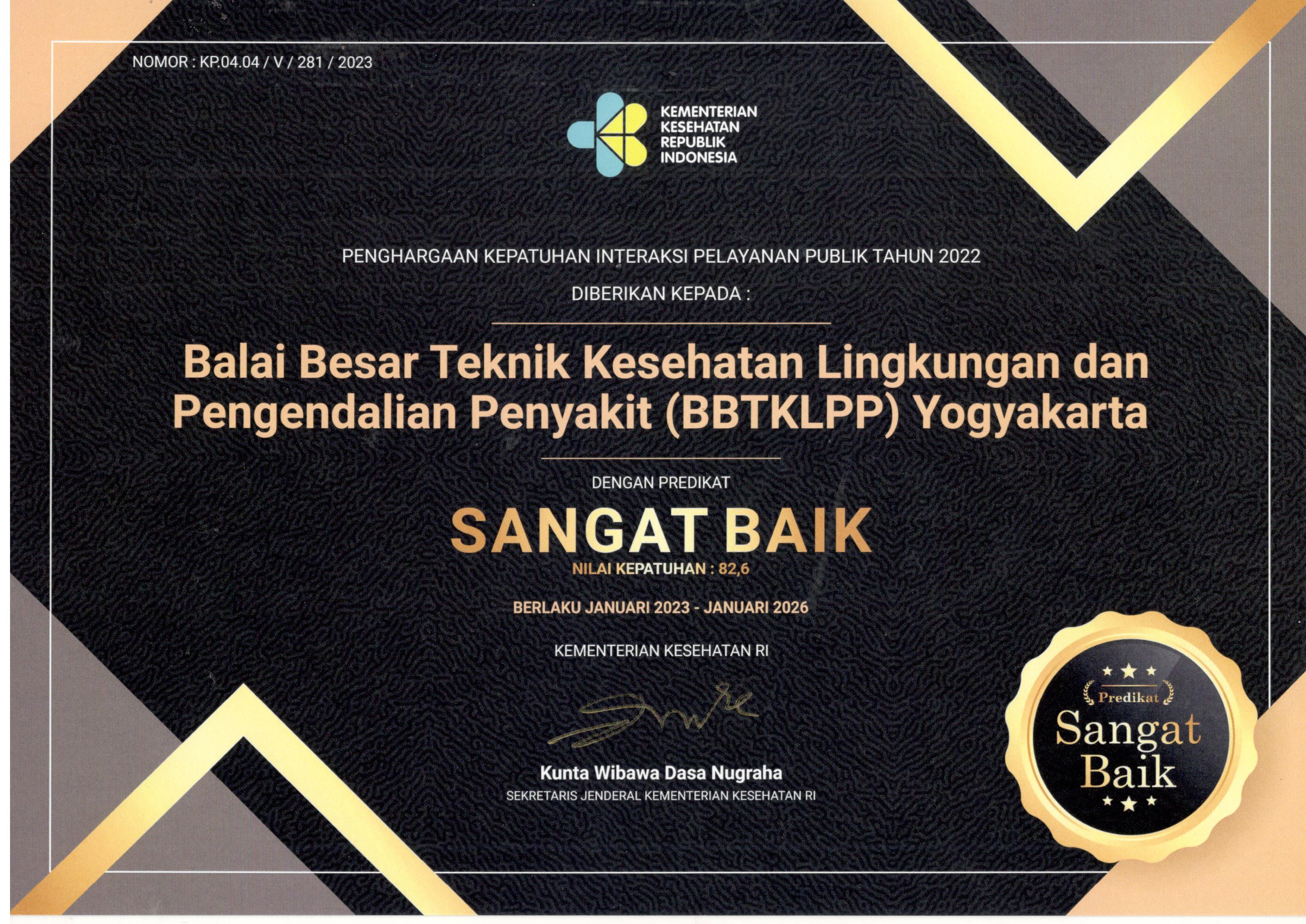 Raih Penghargaan Kepatuhan Interaksi Pelayanan Publik Tahun 2022 Kategori Sangat Baik, Bukti BBTKLPP Yogyakarta Serius Tingkatkan Kualitas Layanan Publik